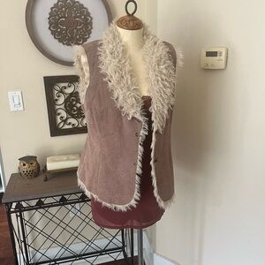 Women's Faux Fur Trim genuine leather Vest - Brown